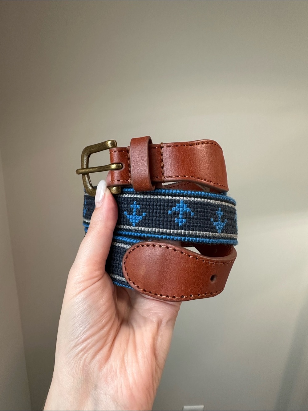 Lands End Mens Needlepoint Anchor Leather Belt Navy Blue Size 32 Preppy Nautical